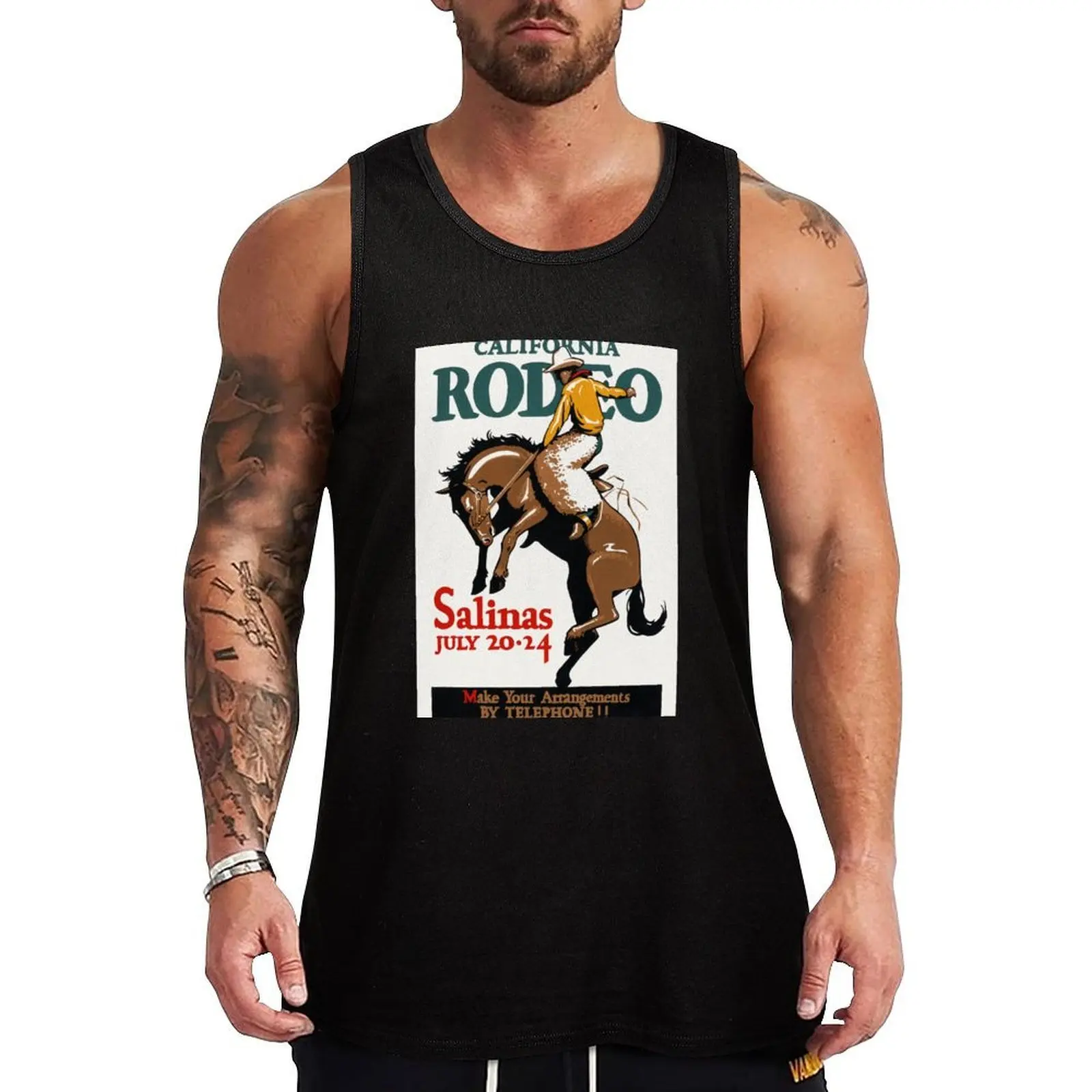 Camiseta regata com estampa moderna de pôster vintage dos anos 1930 do Rodeo de Salinas, Califórnia, EUA, camiseta com estampa gráfica contemporânea