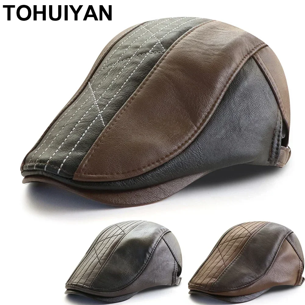 TOHUIYAN Men Leather Berets Hats Vintage Gentleman Flat Caps Boinas Para Hombre Ivy Hat Irish Outdoor Adjustable Driver Hats