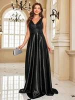 Elegant Sequins Evening Dress For Women 2024 Deep V-neck Satin Prom Party Green Dress Floor Length Blue Formal Gowns - Image 5