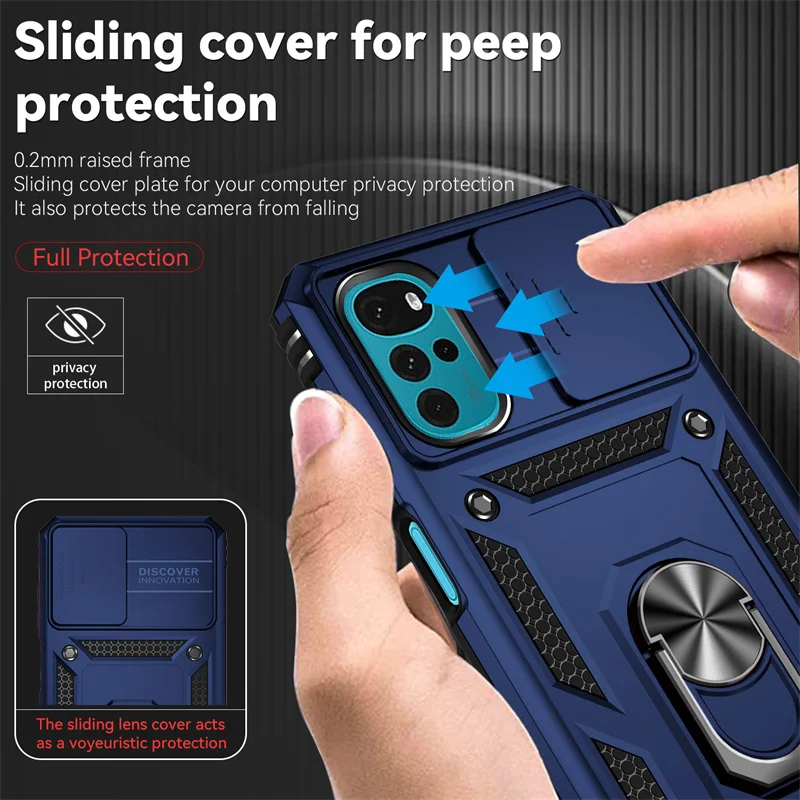 For Motorola Moto G22 Case Slide Lens Camera Protection Armor Phone Cover For MotoG22 G 22 Car Magnetic Holder Ring Stand Funda