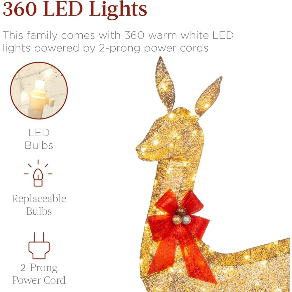 Large Lighted Christmas Deer Family Set, Outdoor Yard Decoration, 360 LED Lights, Stakes, Zip Ties, Gold, 5Ft, 3 Pcs