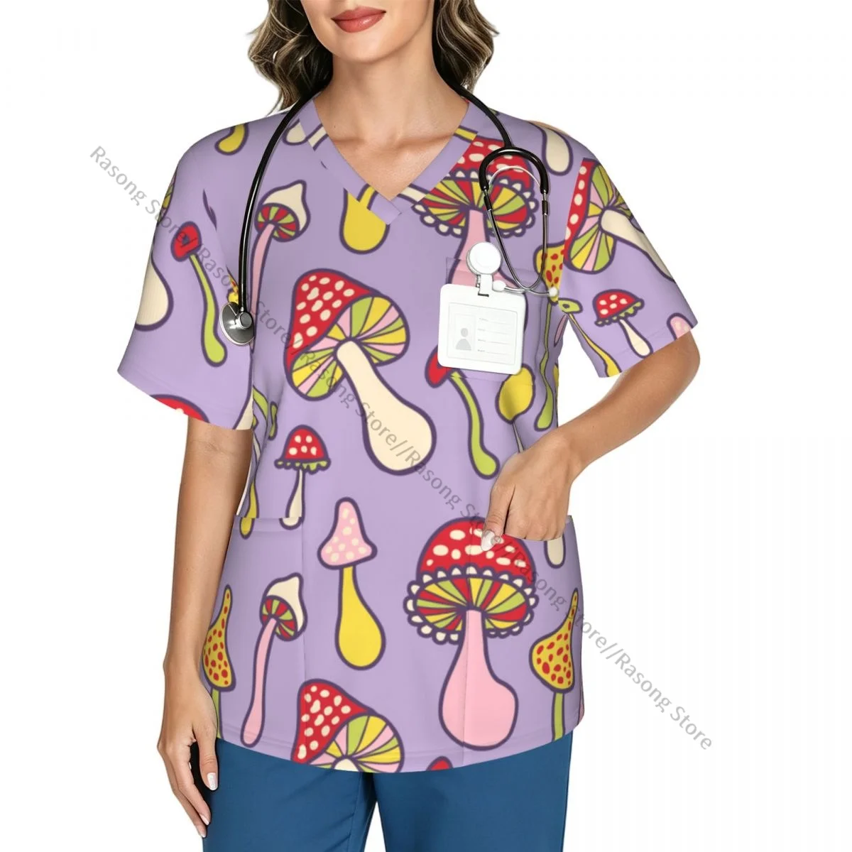 Women Scrubs Blouse Medical Nurse V-neck Clinical Scrubs Top Hippie Agaric Mushrooms Pattern Operating Room Work T-shirt