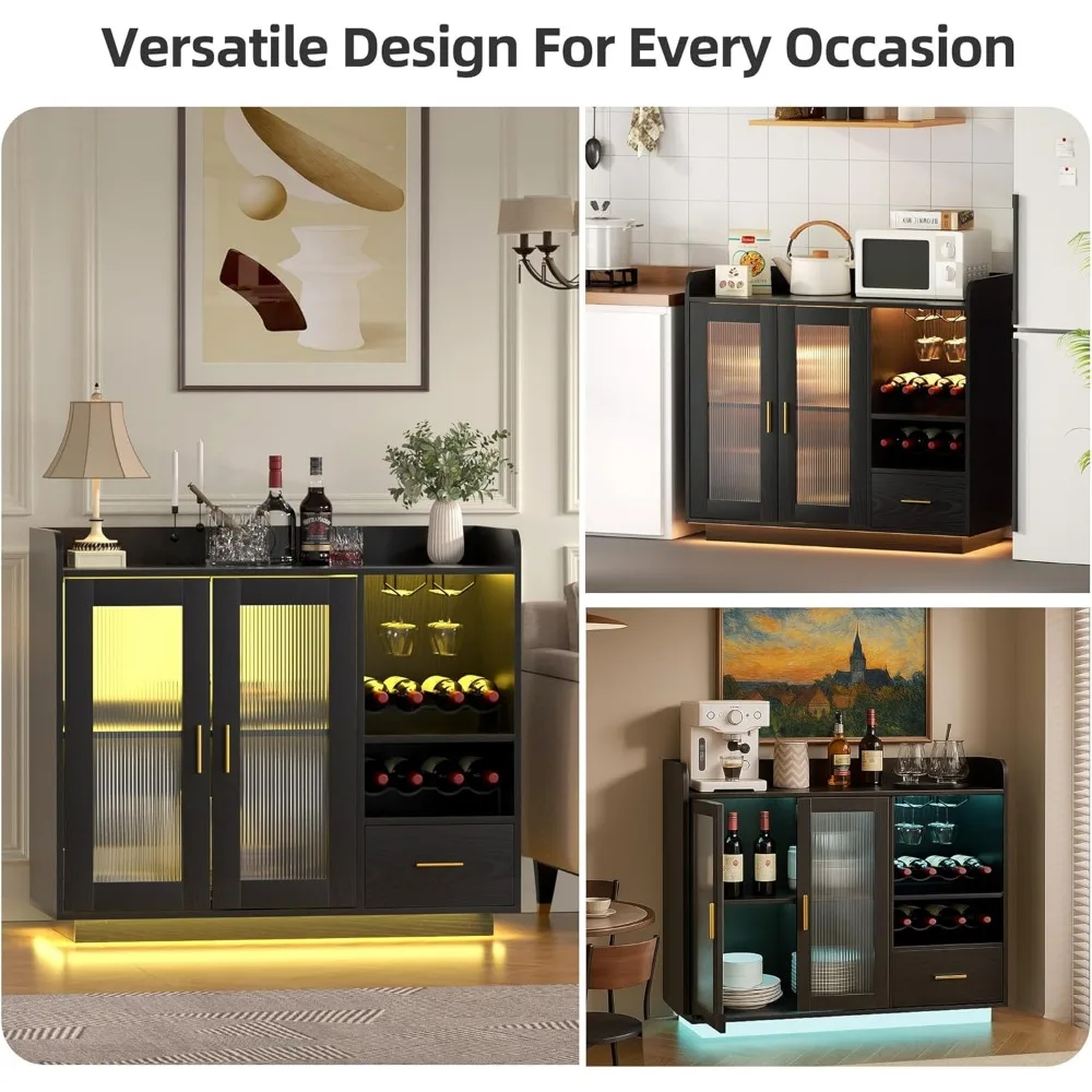 Lemari Bar Anggur Hitam dengan Lampu LED Kontemporer, Desain Mengambang untuk Penyimpanan Kopi, Bufet Dapur, Lebar 35,43 x Tinggi 15,7