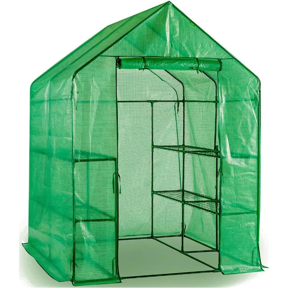 

Greenhouse Grow Green House 4'8" x4'8" Walk in Plastic Plant with 3 Tiers 12 Shelves Plant with PE Cloth Cover Garden