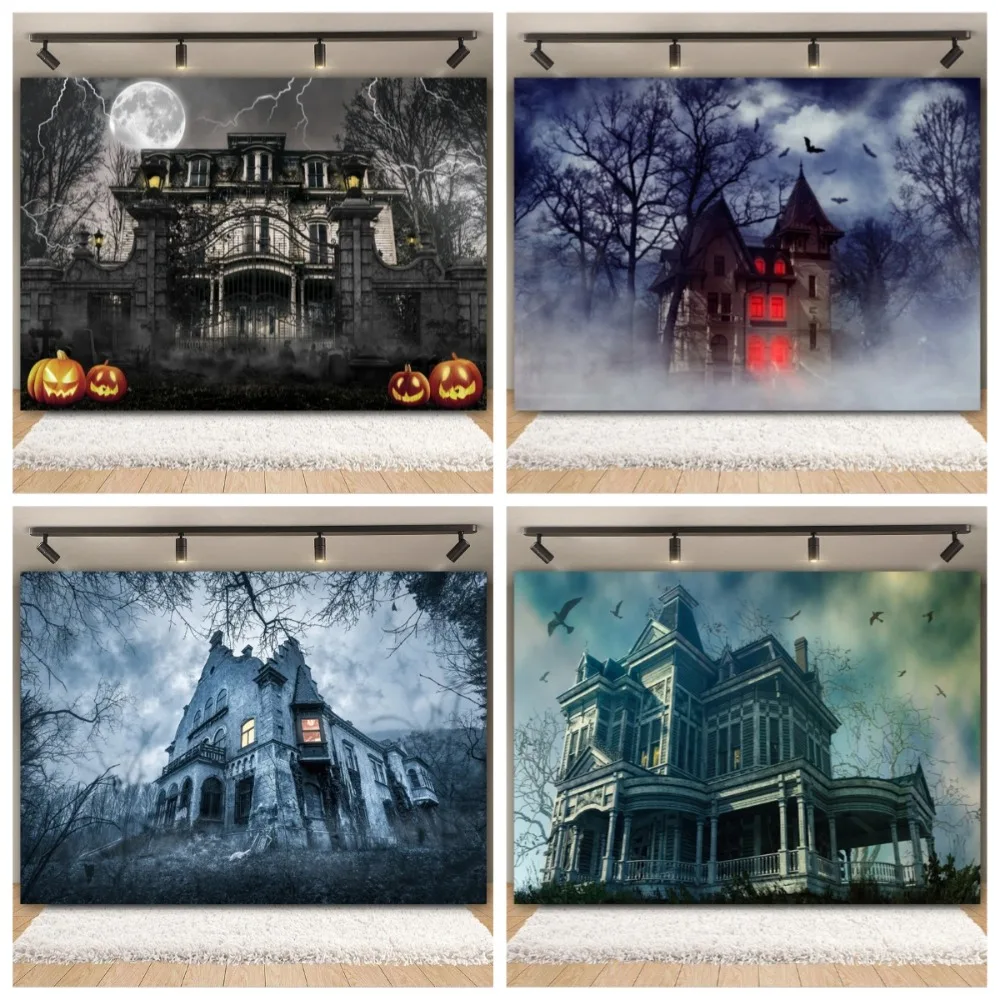 

Halloween Party Backdrop Full Moon Night Scary Castle Pumpkin Forest Old Tree Cemetery Halloween Banner Photography Background