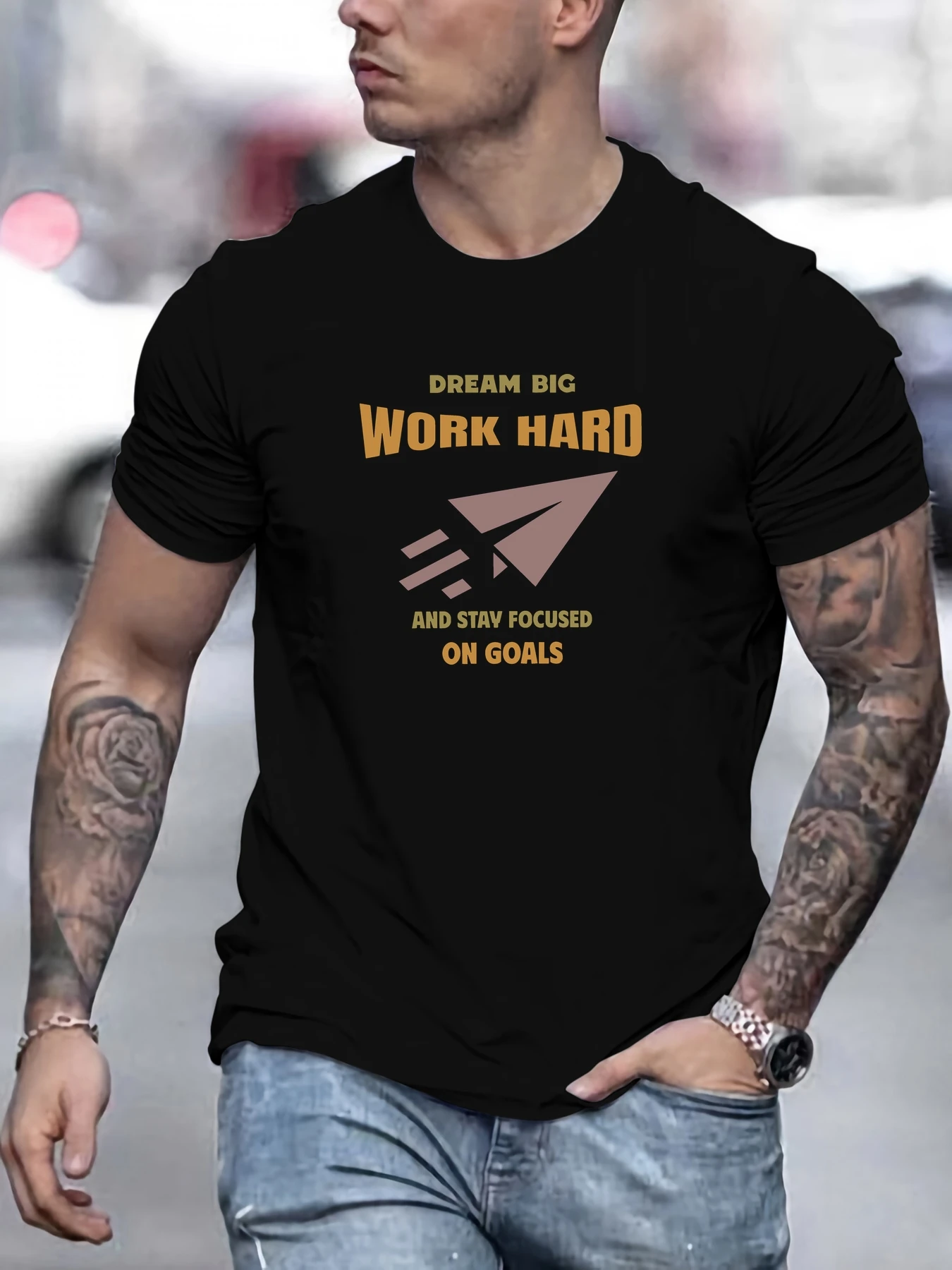 

Men's DREAM BIG WORK HARD AND STAY FOCUSED ON GOALS pattern summer casual crew neck short T-shirt