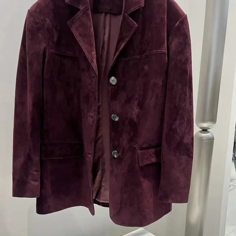 Retro high-end estilo ocidental jaqueta de couro para mulher 2024 nova cor roxo vermelho oversized casual criança camurça terno blazer outwears
