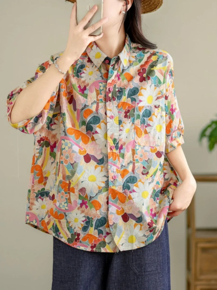 

Летняя женская рубашка с коротким рукавом в ретро-стиле, больших размеров, свободного кроя, с принтом на воротнике, повседневный женский топ.