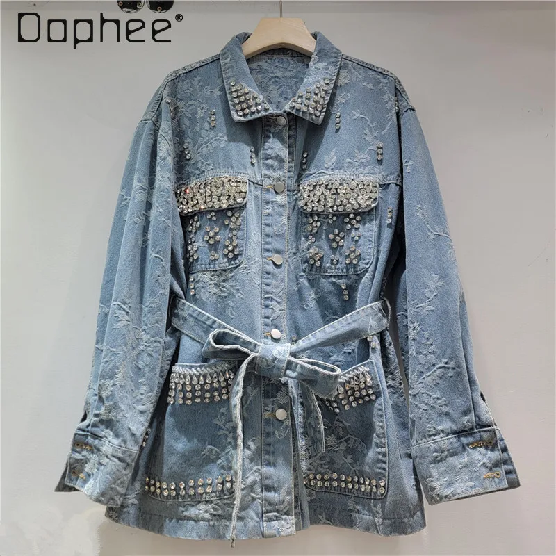 

Heavy-duty Rhinestone Vintage Washed Blue Jacquard Mid-length Denim Jacket Women 2026 Spring New European Style Trendy Jackets