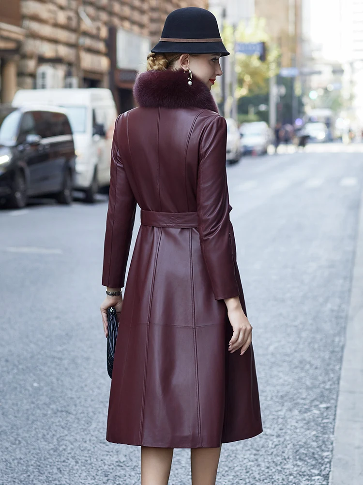 Jaqueta longa de couro genuíno para mulheres, casaco fino, gola de pele de raposa, pele de carneiro pura, roupas femininas, inverno, 2023