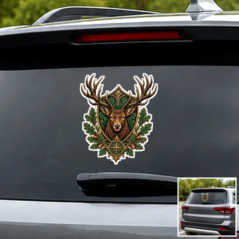Stag Antlers and Forest Shield Car Decal, Full Color Waterproof Reflective Film Sticker for Car Truck Window and Body Decoration