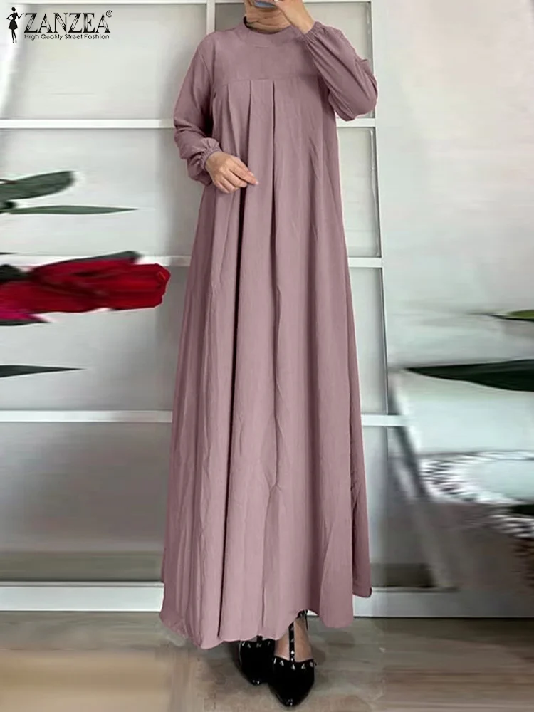 2024 ZANZEA Mode Frauen Maxi Lange Muslimischen Kleid Vintage O Hals Langarm Solide Abaya Sommerkleid Beiläufige Lose Urlaub Vestido