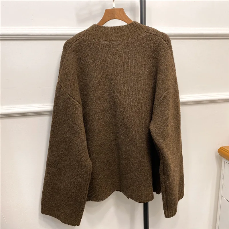 

Loose knitted cardigan for women 2025 autumn and winter new V-neck long-sleeved sweater jacket