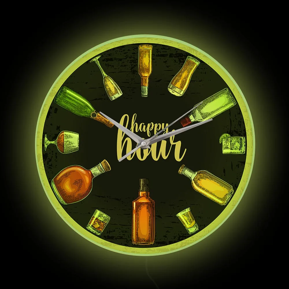 

Happy Hour Beer Time Modern Design Illuminated Wall Clock For Man Cave Pub Bar Decor Alcohol LED Lighted Wall Clock Drinker Gift