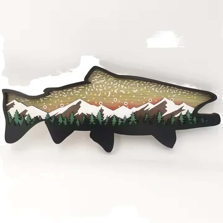 Handmade natural wood salmon wall hanging marine themed fish art home decor removable format