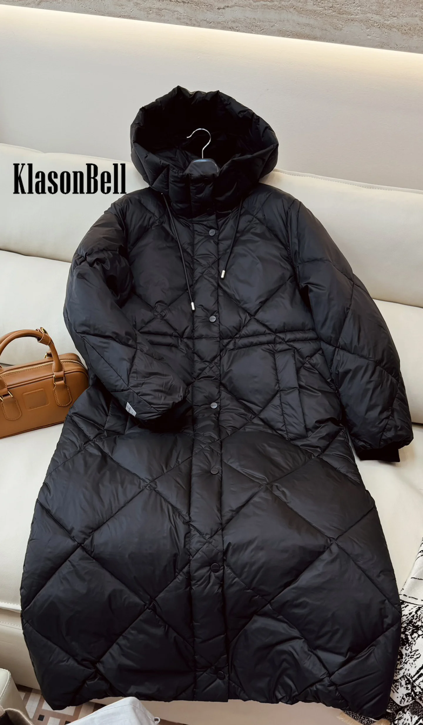 8.31 KlasonBell Women Quilted Argyle Plaid Hooded Goose Down Long Outerwear Drawstring Collect Waist Keep Warm Down Coat