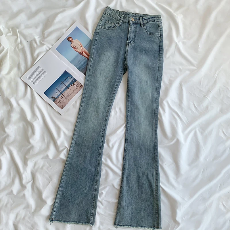 

2023 Women's Flare Jeans Streetwear Vintage High Waist Burrs Denim Pants Spring Autumn New All-Match Slim Trousers