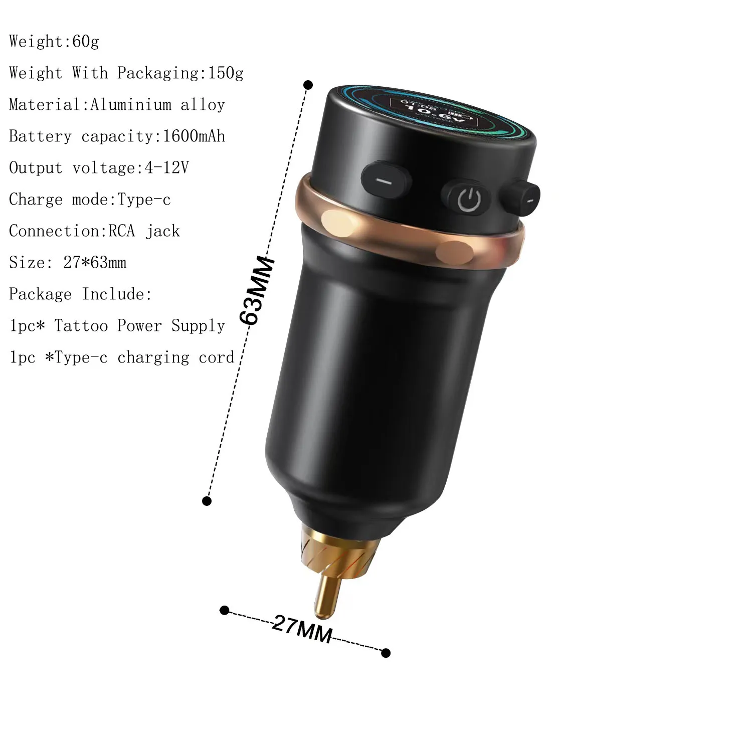 Pegangan baterai tato nirkabel, daya 1600mAh antarmuka RCA portabel 63*27mm ukuran untuk katrij putar, mesin tato tembak