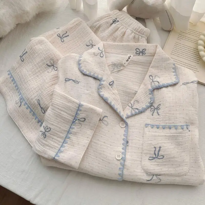 Korean Version Bow Tie Girls' Pajamas Spring and Autumn Women's Long Sleeved Pants Set Elegant Temperament Home Clothes Soft