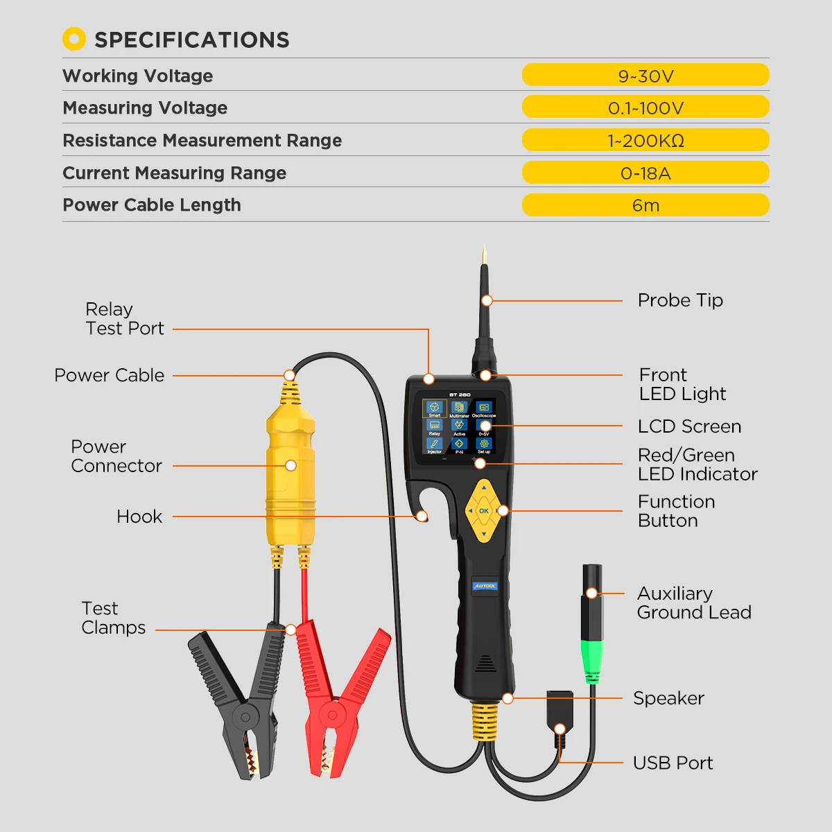 AUTOOL BT280 Car Electrical Circuit Tester Multifunctional Diagnosis Tool Multi-language Automotive Electric System Tester images - 6