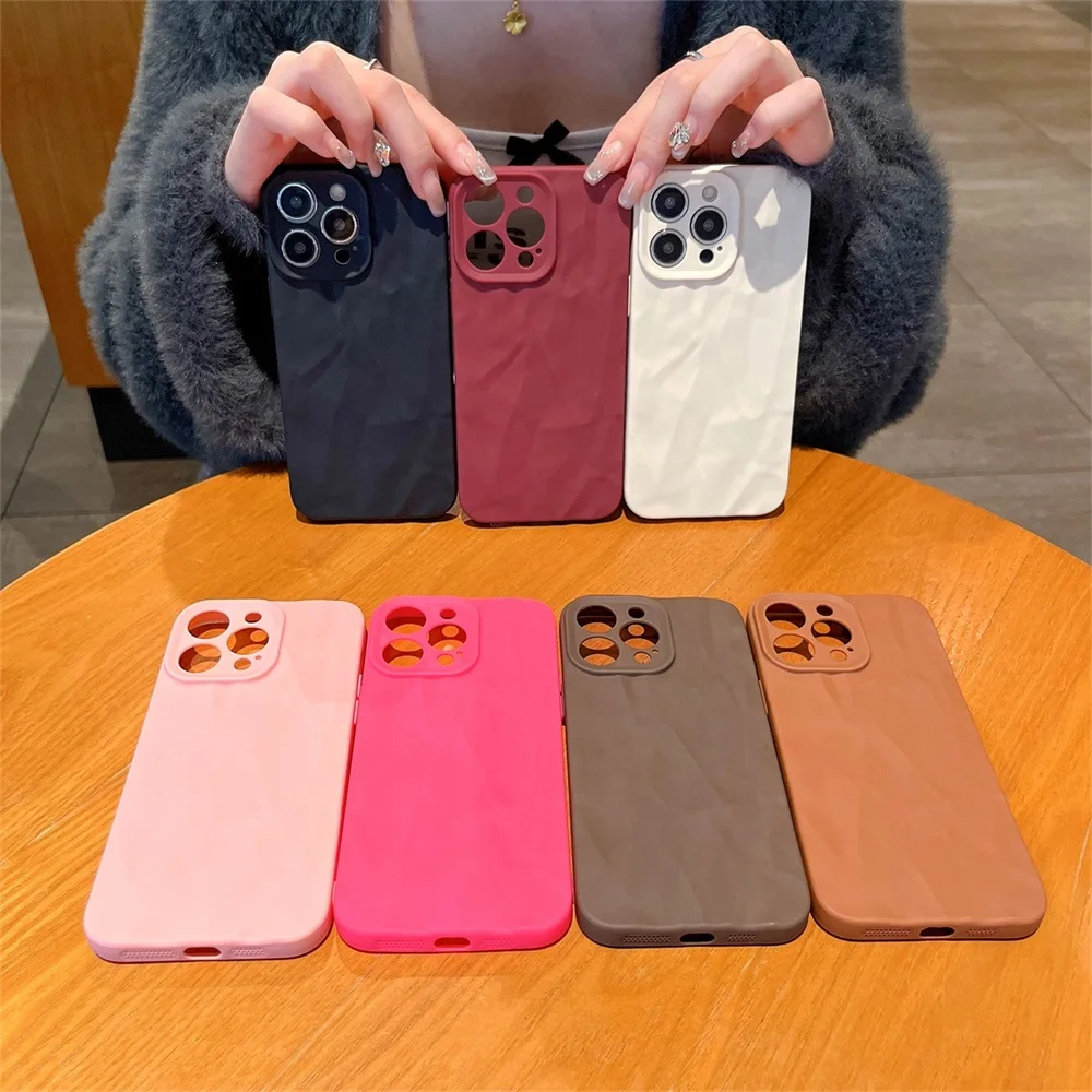 Frosted Wrinkled Phone Case For iPhone 15 14 13 12 11 Pro Max 14 15 8 7 Plus X XS XR XS Max Fashion Candy Color Silicone Bumper