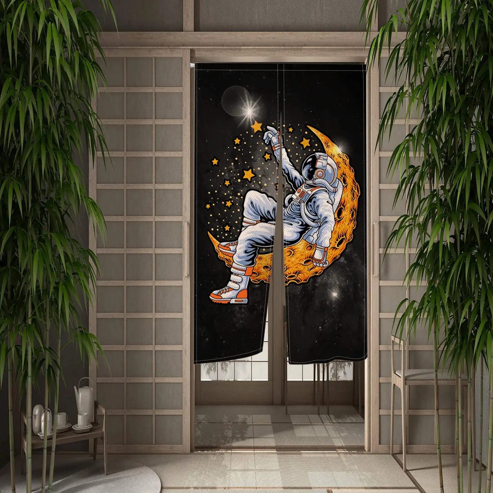 Moon Night Astronaut Japanese Door Curtain Universe Starry Sky Kitchen Bedroom Doorway Curtains Entrance Hanging Half-Curtain