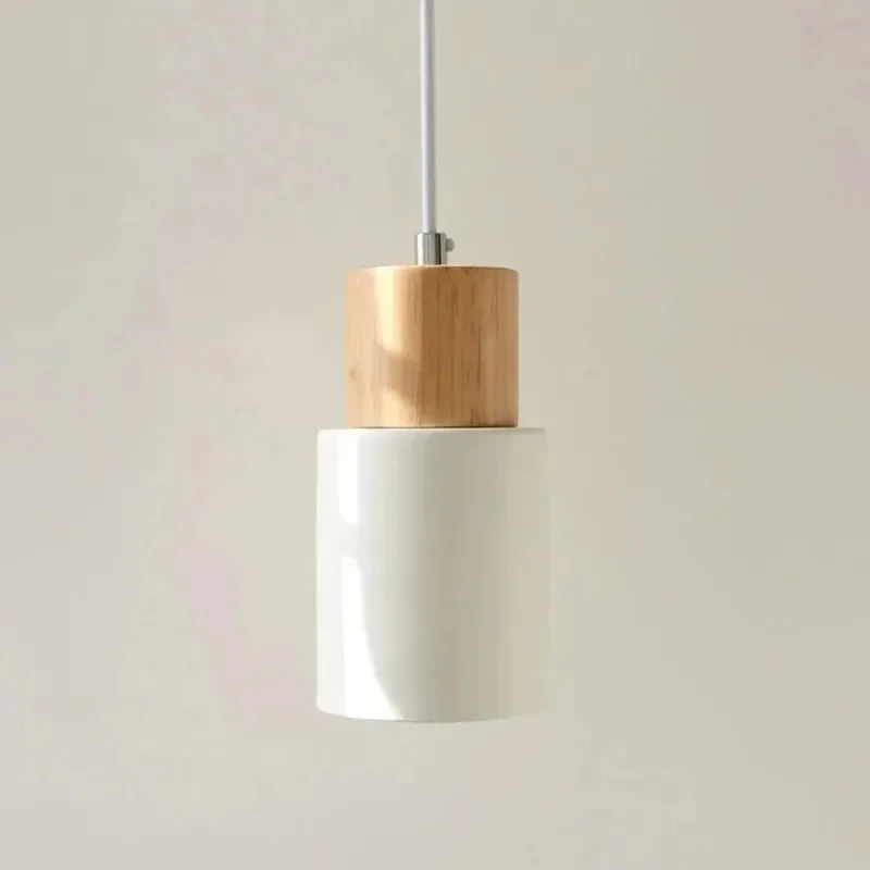 Natural Wood Top White Cylinder Ceramic Pendant Light Nordic Small Hanging Lamp Kitchen Bedroom Cafe Home Decor Lamp