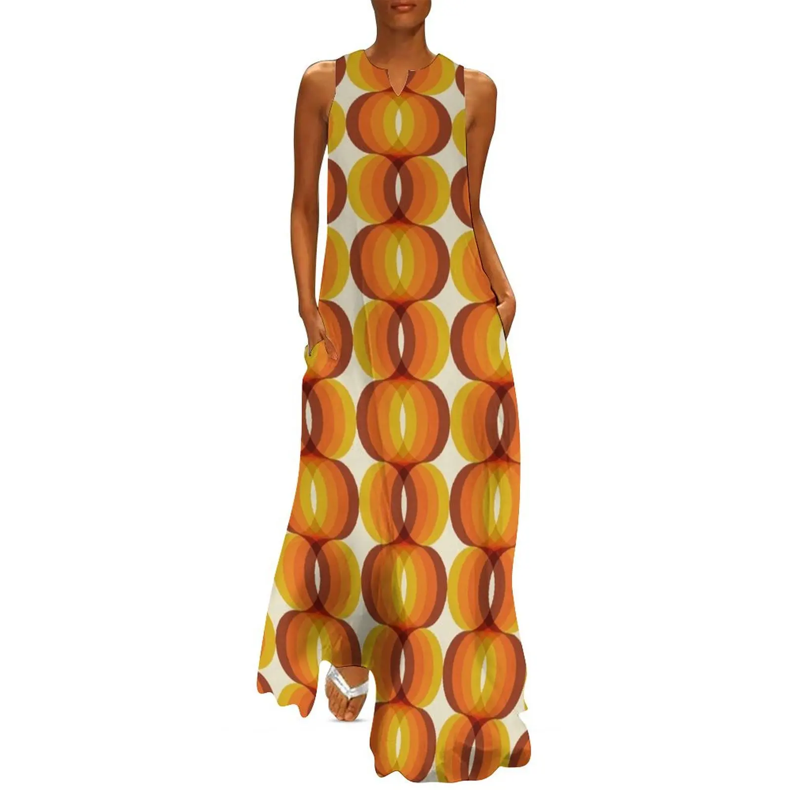 Orange, Brown, and Ivory Retro 1960s Wavy Pattern Long Dress Party dresses for women Dress