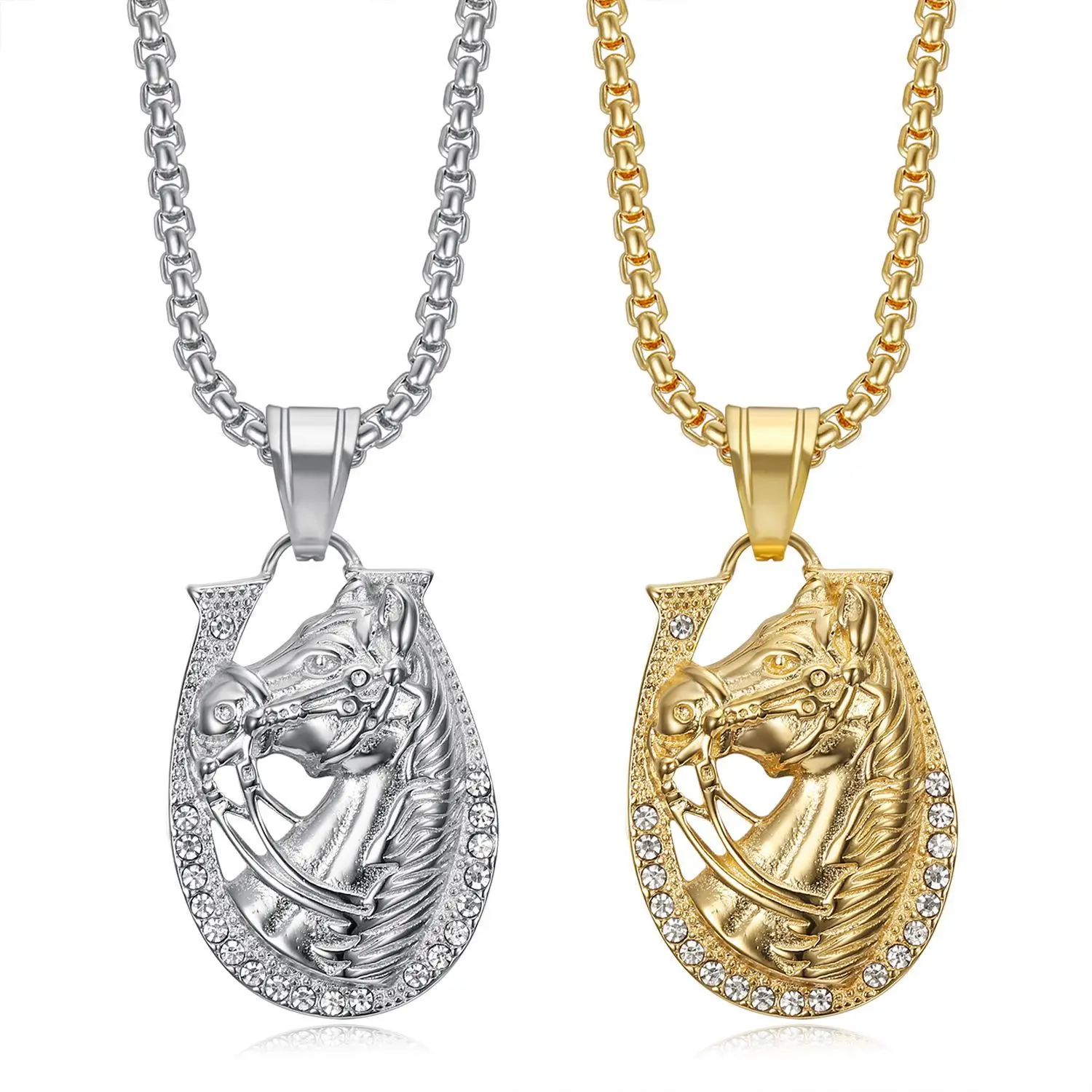 

Besiko Hip-Hop Gold/Silver Plated Zircon Studded Horse Head Pendant Necklace Animal Chain For Women Men Punk Sweater Jewelry