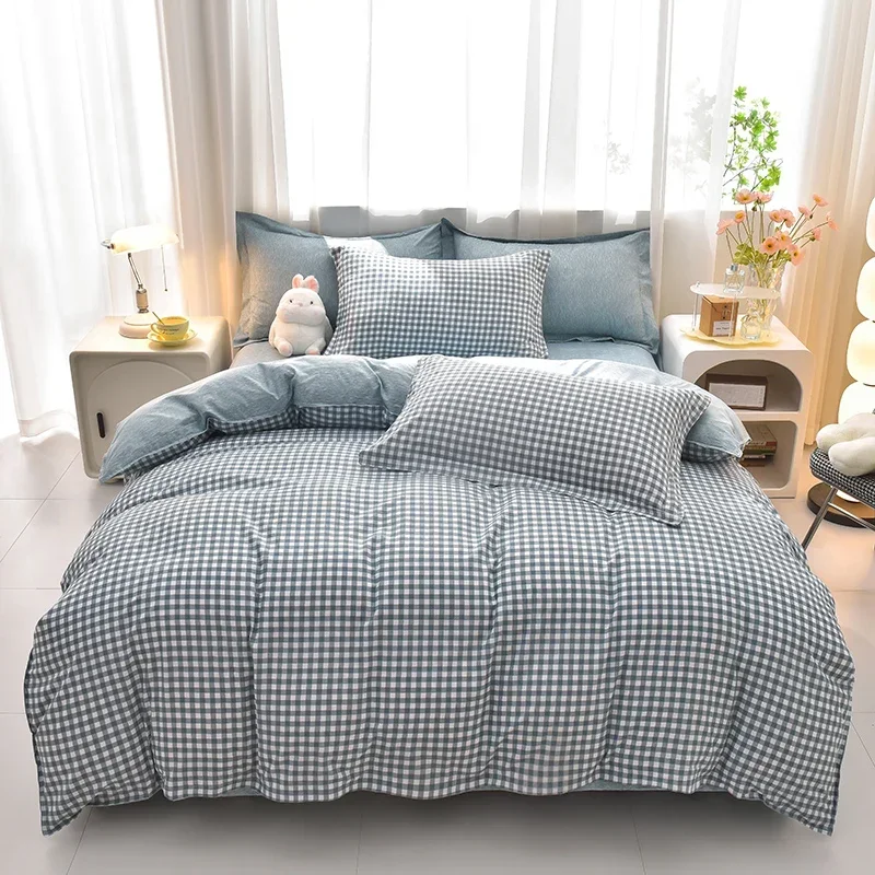 Grey White Plaid Duvet Cover Set, Gingham Check Checkered Farmhouse, Polyester Textured Bedding Sets 4 Pieces Comforter Covers