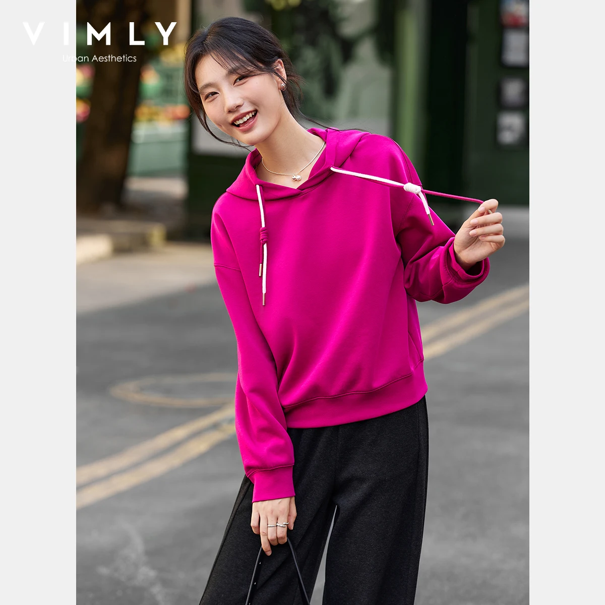 VIMLY Women's Red Hoodies Oversize Sweatshirts Casual Autumn 2025 New Long Sleeve Tops Draw String Knitted Female Sweater A2075