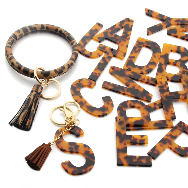 52Pcs Leopard Print keychains A-Z Initial Acetate Pendant Key Chain Ring Alphabet Resin Keyring Holder Charm Bag Couple Gifts