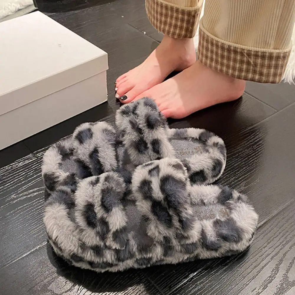 

Fashion Thick Sole Leopard Print Plush Slippers PVC Fluffy Warm Fur Slippers Non-Slip Indoor Outdoor Y2k Leopard Slippers Women