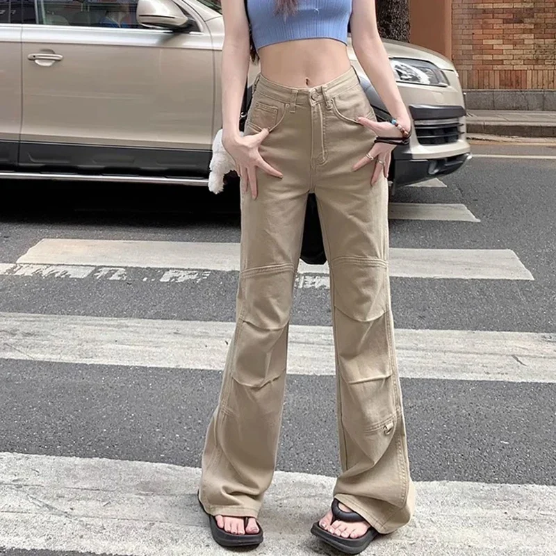 

LIBIELIY Woman High Waist Fashion Loose Flare Jeans Female American Casual Bell Bottom Pants Girls Designer Khaki Denim Cargo T