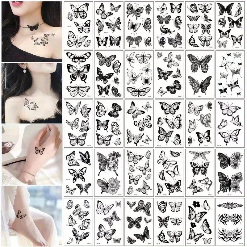 60pcs/set Disposable Cartoon Tattoo Waterproof Black Butterfly Sample Line Painting Dolphin Cat Bear Transfer Temporary Tattoos