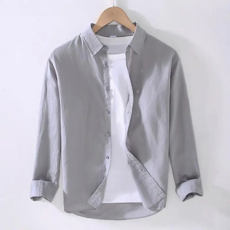 Linear Long-sleeved Men's Japanese Casual Loose Cotton Linen Shirt Spring and Summer Outfit Inch Shirt