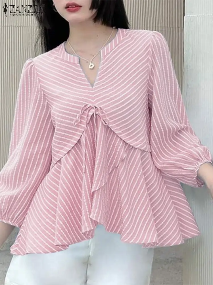 ZANZEA Fashion Party Bandage Tunics Elegant Stripes Women Blouse Korean Bow 3/4 Lantern Sleeve Tops Vintage Chic Pleated Shirt