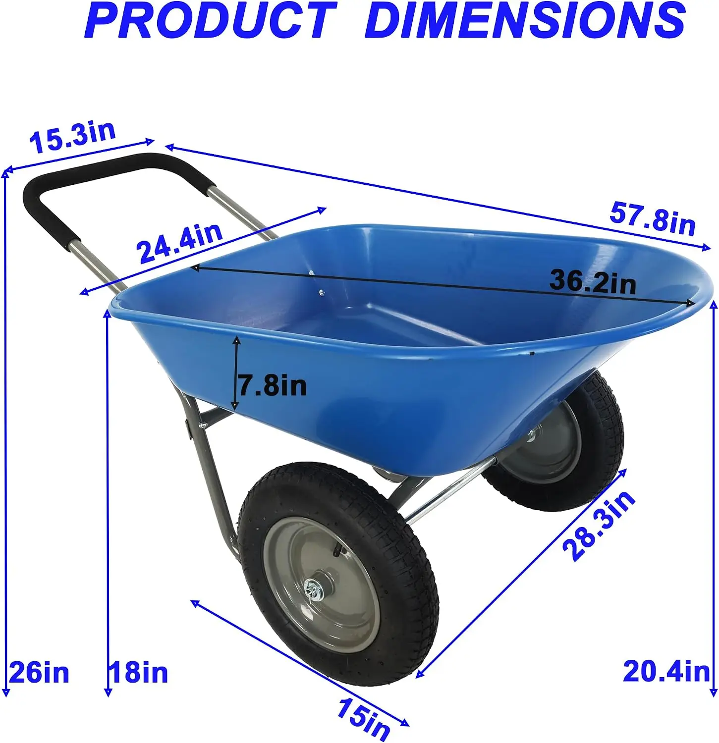 Lightweight Utility Wagon Two Wheel Wheelbarrow 300 lb Load Capacity 5 Cubic Foot Poly Tray 15 Inch Pneumatic Wheels Loop Handle