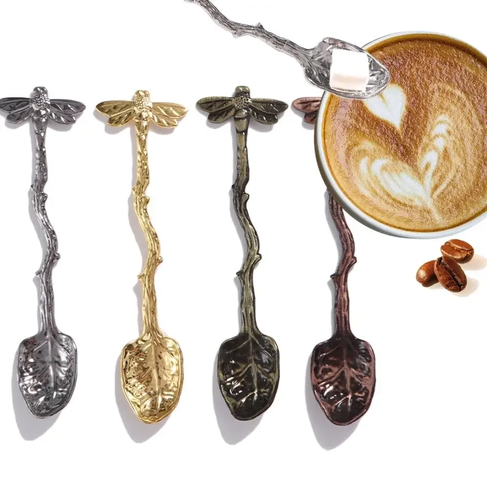 Stirring Spoon Twig Design Dragonfly Coffee Spoon Zinc Alloy Smooth Edges Dessert Spoon Vintage Teaspoon Pudding