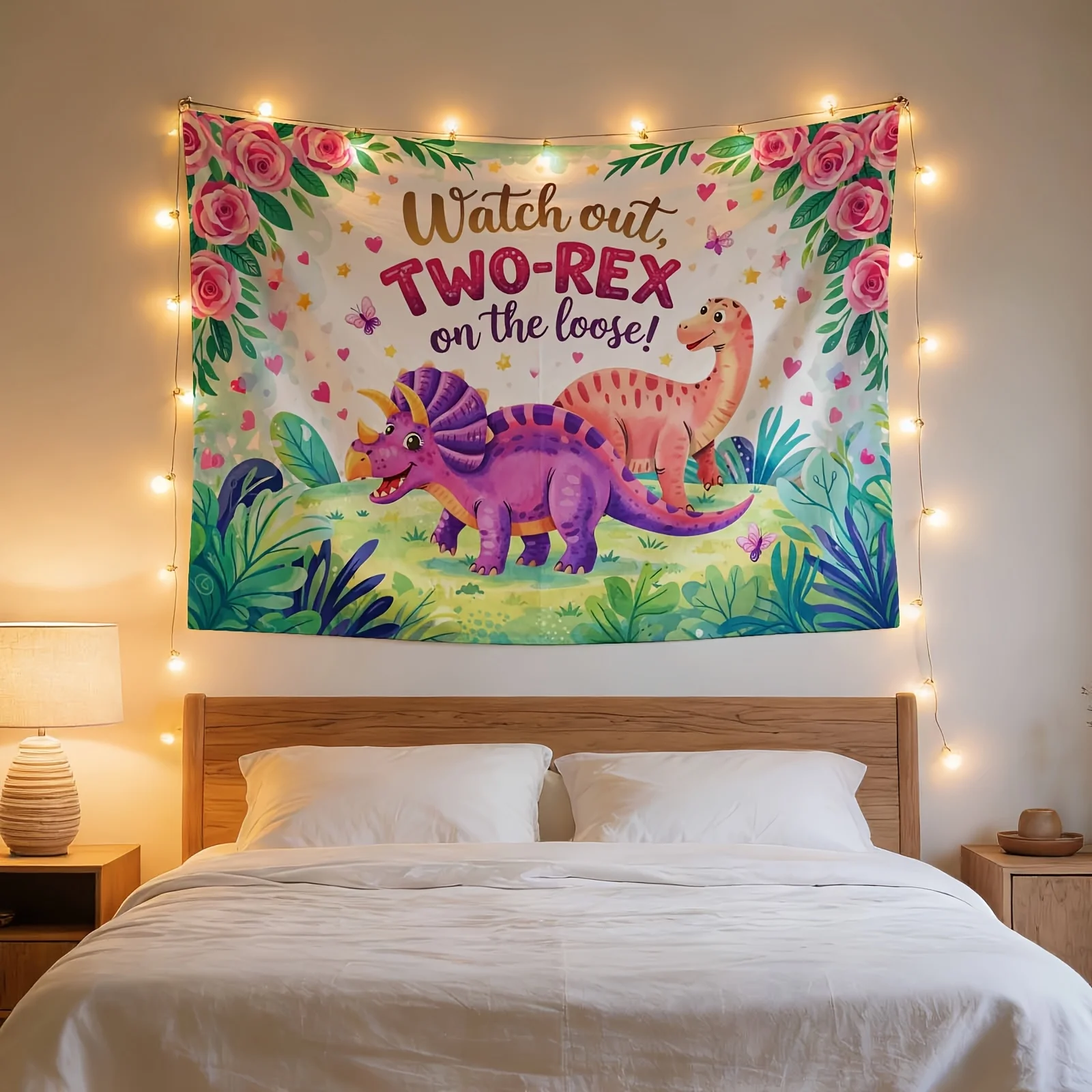 Dino Tapestry Wall Hanging Banner Kids Room Decor Jurassic Jungle Mesozoic Nursery Art Poster Cute Bohemian Style Watch out Two