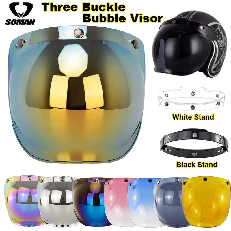 

Motorcycle Open Face Helmet Visor Three Button Bubble Mirror Retro Helmets Lens Bubble Shield Visors Moto Capacete Accessories