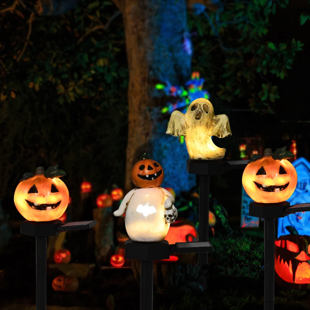 Cabeza de calabaza montada en el suelo Solar de tres piezas, fantasma, hombre de calabaza, luces de decoración de jardín, decoración de Ambiente de Festival de Halloween