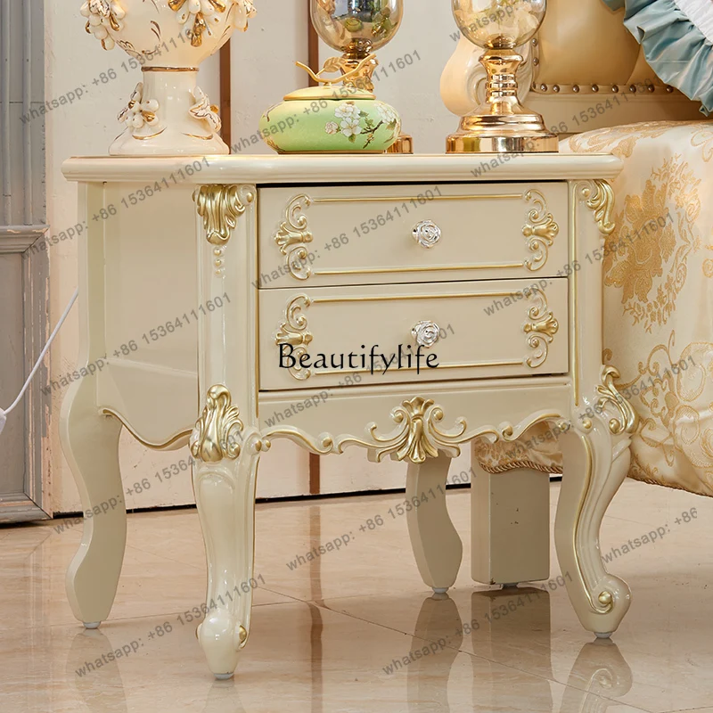 13European-Style Solid Wood Bedside Cabinet Ivory White Storage Cabinet with Drawer