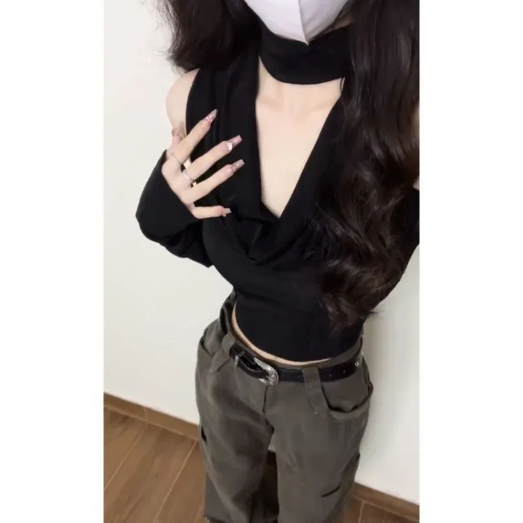 Fashion V-neck Black Halter Tops Women 2024 Summer Nw Slim Waist Tee Shirt Y2k E-Girl Long Sleeve Off Shoulder T-shirts