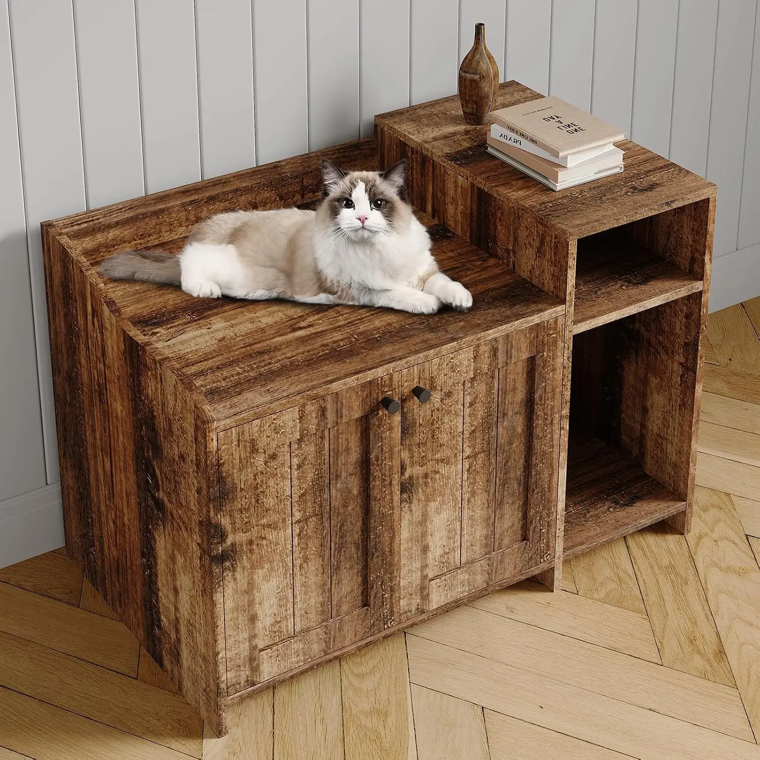 Armoire de rangement pour litière de chat en bois Garvee, meuble dissimulé pour litière de chat avec porte ventilée, tiroir de rangement gauche et étagère, pieds surélevés avec protections supérieures
