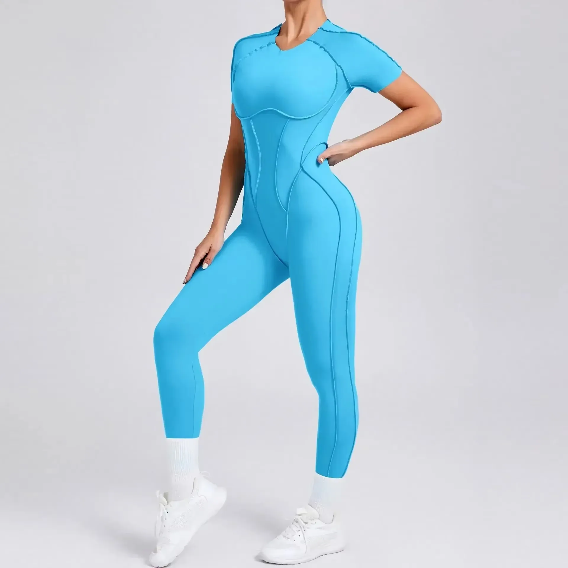 Women Bodysuits Tummy Control Butt Lifting Shapewear Fitness Short Sleeves Sports Jumpsuits Yoga Set Gym Push Up Workout Clothes