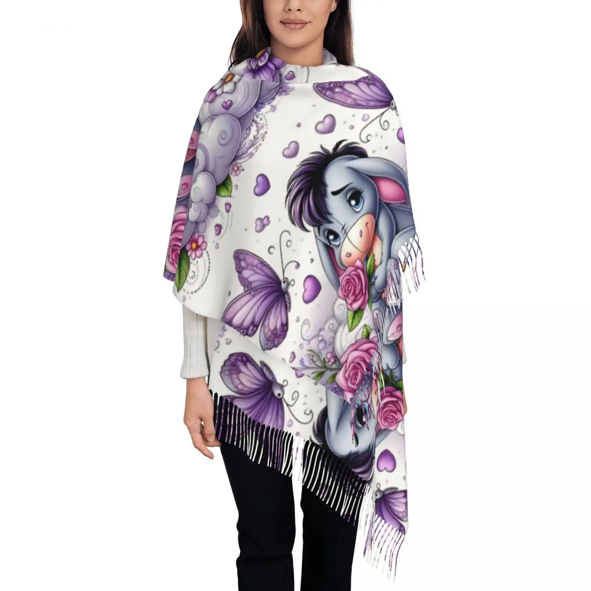 

Custom Stylish Eeyore Cartoon Tassel Scarf Women Winter Warm Shawls Wraps Ladies Winnie The Pooh Anime Cute Scarves
