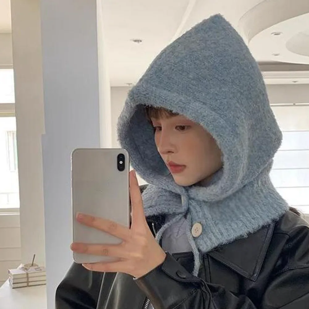 

Solid color Women Balaclava Plush Winter Warmer Windproof Cap Hat and Scarf Integrated Knitted Pullover Hat Outdoor