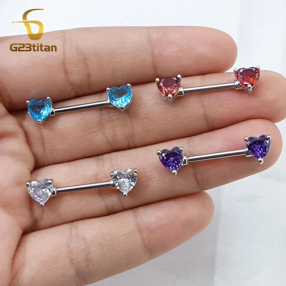 G23titan 2pcs Double Heart Zircon Nipple Rings 14G Titanium Or Steel Barbell Women Nipple Piercing Summer Jewelry Sexy Accessory