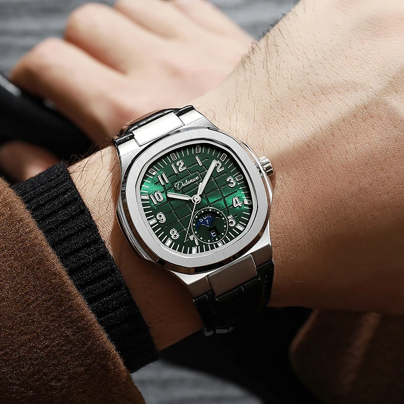 Dulunwe Men's Leather Mechanical Watch Octagon Case Analog Display with Date Waterproof Luminous